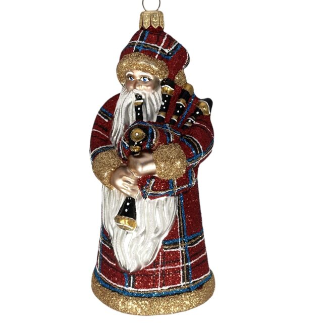 Santa Claus, kerstman, bagpiper, doedelzak speler, insturment, musc, muziek, Scottish highlands, schotse bergen, kerstboom, christmas tree, glass ornament, holiday season, christmastoys,