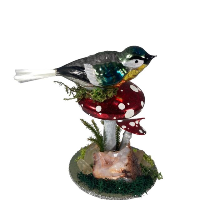 table decor, tafeldecoratie, birds at bassin, vogels aan waterbakje, drinkend vogels birds, mushroom, glass ornaments, glazen kerstbal , , dieren, animals, forest, bosbeheer, mushroom, paddestoel, kerst, christmas, christmasdecorations, kerstversiering, kerstboom, christmastree, cartoon, tekenfilm